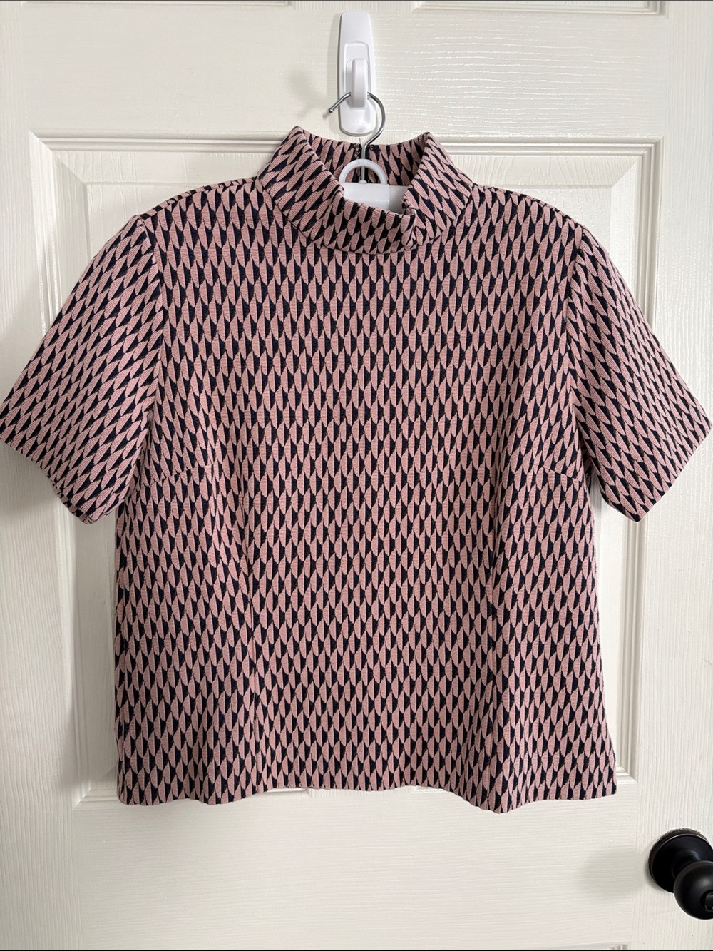 Ann Taylor Pink and Black Geometric Mock-Neck Short Sleeve Shirt